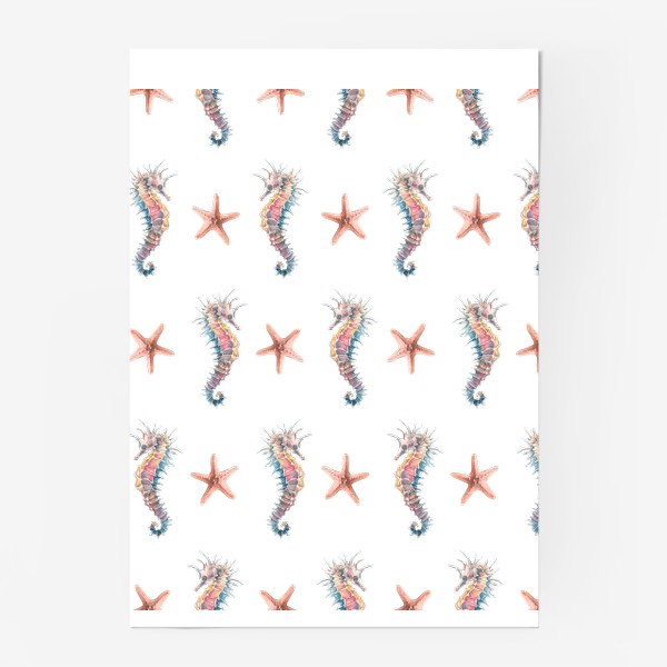 Постер «Морской конек и морские звезды на белом. Акварель, паттерн.»