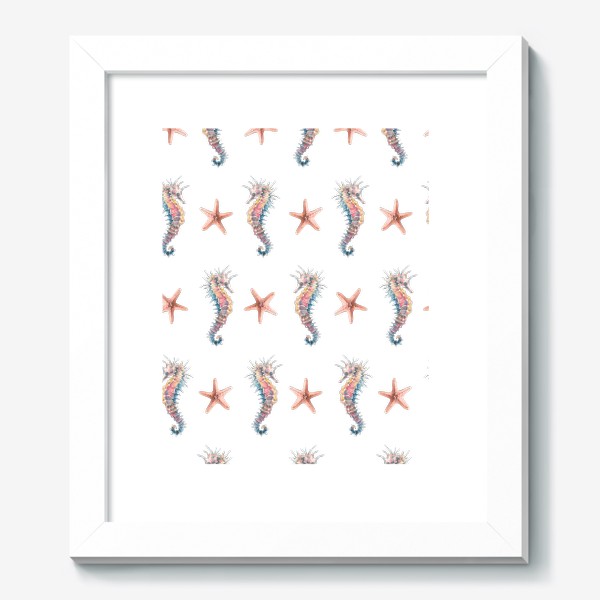 Картина «Морской конек и морские звезды на белом. Акварель, паттерн.»