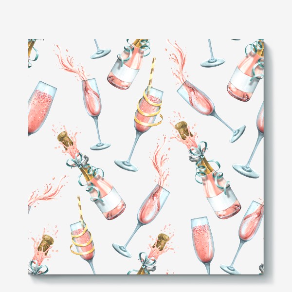 Холст &laquo;Розовое шампанское бутылки и бокалы. Праздничный паттерн. Акварель.&raquo;