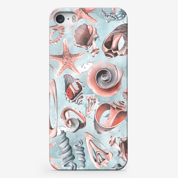Чехол iPhone «Ракушки морские на голубом фоне воды. Акварель, паттерн.»