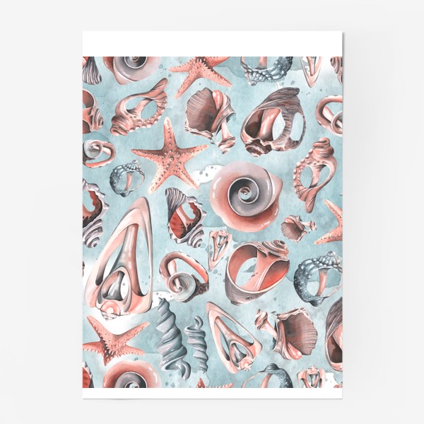 Постер «Ракушки морские на голубом фоне воды. Акварель, паттерн.»