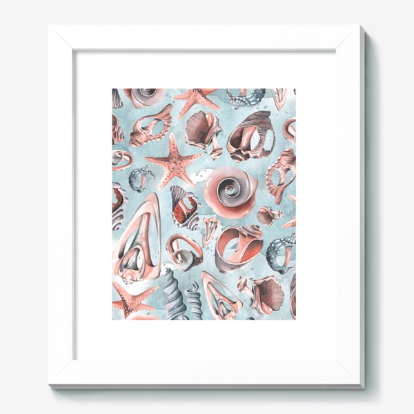 Картина «Ракушки морские на голубом фоне воды. Акварель, паттерн.»