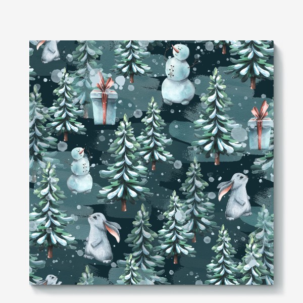 Холст «Зимний лес с зайчиками, снеговиками и подарками. Акварель. Паттерн.»