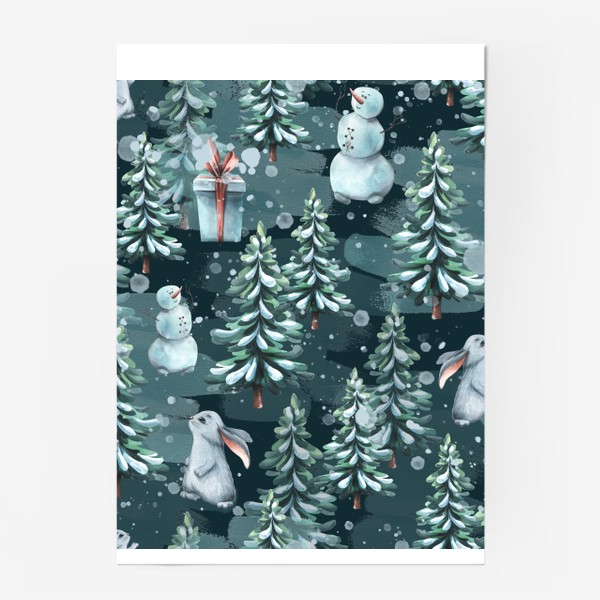 Постер «Зимний лес с зайчиками, снеговиками и подарками. Акварель. Паттерн.»