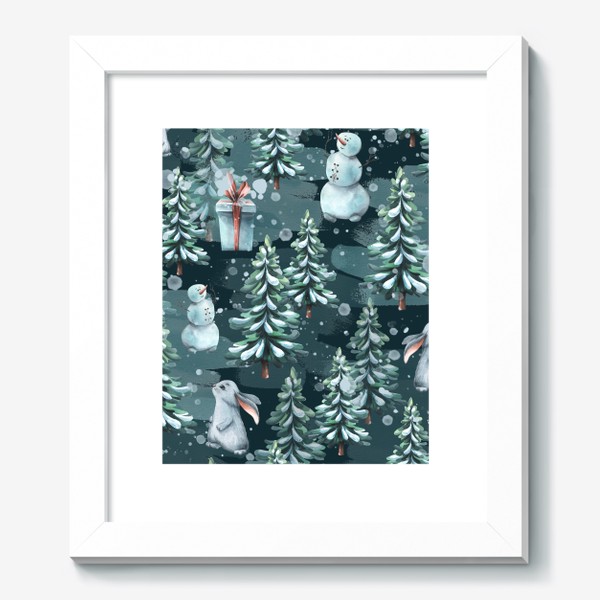 Картина «Зимний лес с зайчиками, снеговиками и подарками. Акварель. Паттерн.»