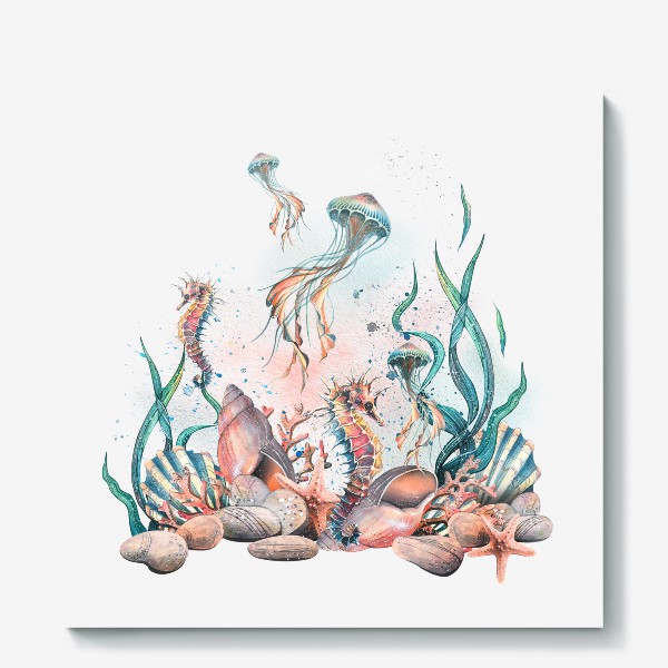 Холст &laquo;Коралловый риф с ракушками, морским коньком и медузой. Акварель.&raquo;