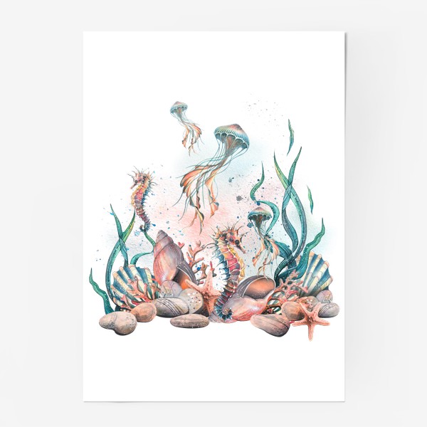 Постер «Коралловый риф с ракушками, морским коньком и медузой. Акварель.»