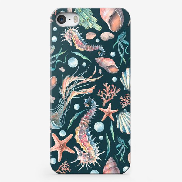 Чехол iPhone «Морской конек, медузы, ракушки, кораллы, звезды. Акварель, паттерн.»