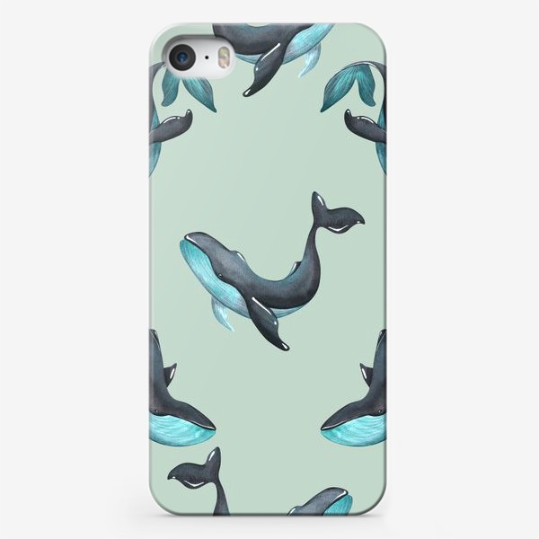 Чехол iPhone «Черно-бирюзовые киты. Акварель, паттерн.»