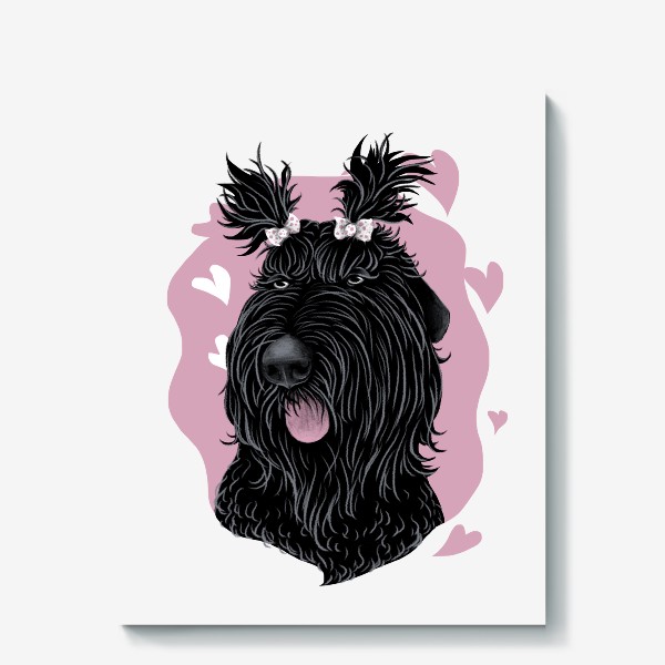 Холст «Русский черный терьер (черныш, собака) с бантиками и сердечками»