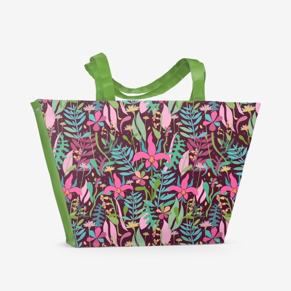 Пляжная сумка «Орхидея розовая. Паттерн. Темнобордовый.»