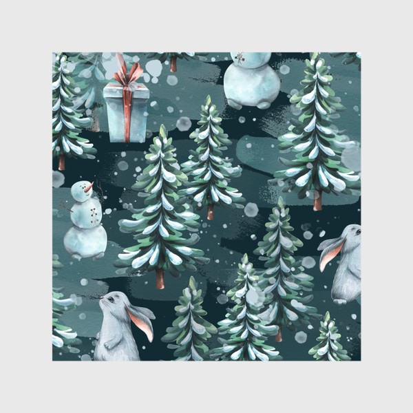 Шторы &laquo;Зимний лес с зайчиками, снеговиками и подарками. Акварель. Паттерн.&raquo;
