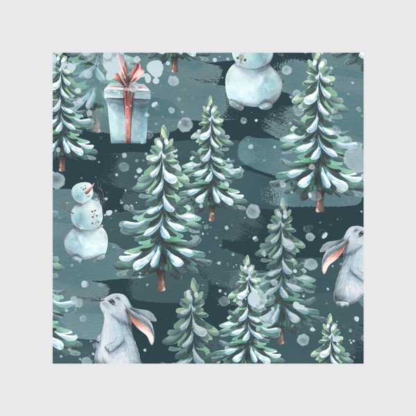 Скатерть &laquo;Зимний лес с зайчиками, снеговиками и подарками. Акварель. Паттерн.&raquo;