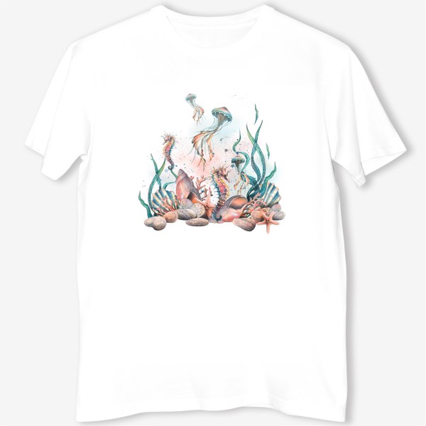 Футболка «Коралловый риф с ракушками, морским коньком и медузой. Акварель.»