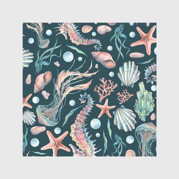 Скатерть «Морской конек, медузы, ракушки, кораллы, звезды. Акварель, паттерн.»
