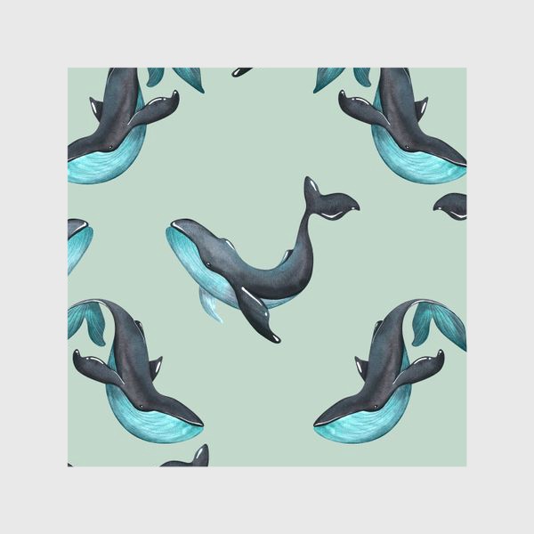 Шторы «Черно-бирюзовые киты. Акварель, паттерн.»