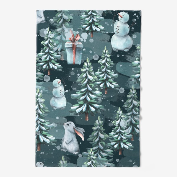 Полотенце &laquo;Зимний лес с зайчиками, снеговиками и подарками. Акварель. Паттерн.&raquo;