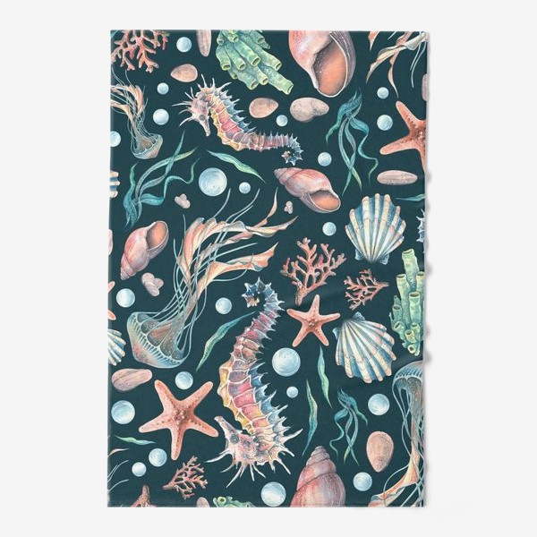 Полотенце &laquo;Морской конек, медузы, ракушки, кораллы, звезды. Акварель, паттерн.&raquo;