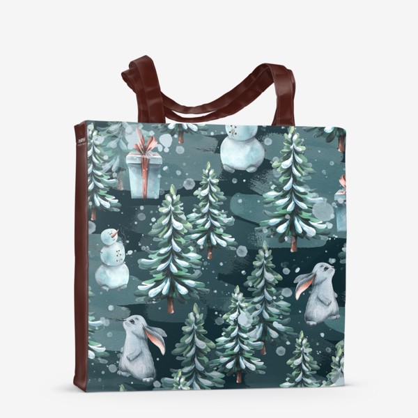 Сумка-шоппер «Зимний лес с зайчиками, снеговиками и подарками. Акварель. Паттерн.»