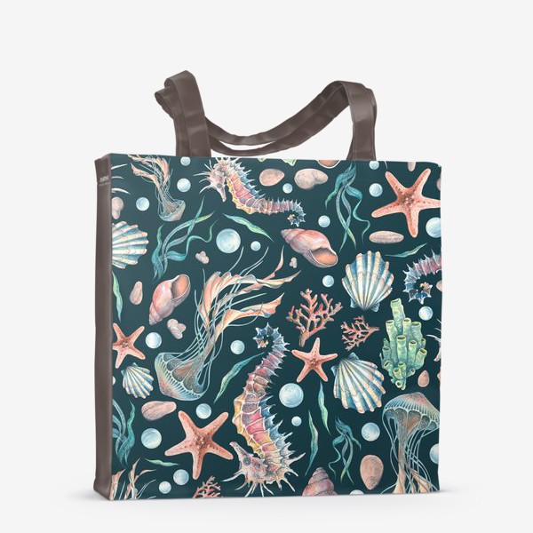 Сумка-шоппер «Морской конек, медузы, ракушки, кораллы, звезды. Акварель, паттерн.»