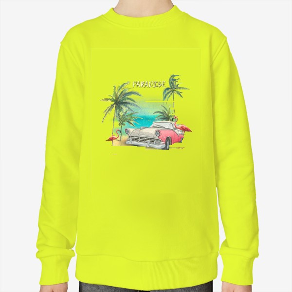 Свитшот «Ретро машина, розовые фламинго, пляж, пальмы. Тропический акварель.»