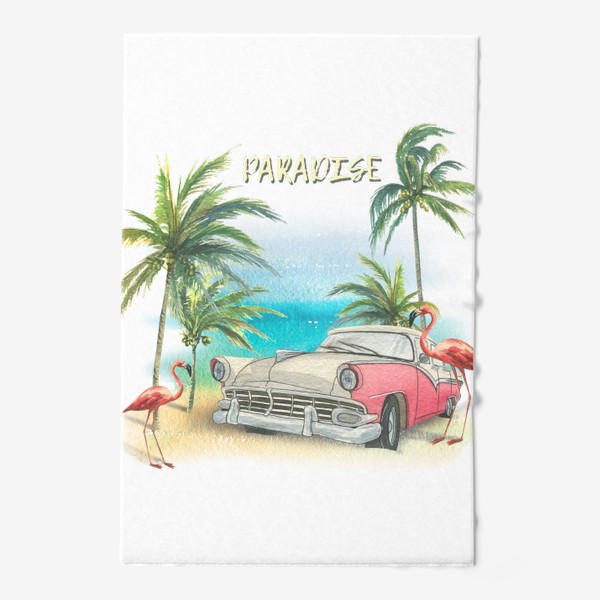 Полотенце «Ретро машина, розовые фламинго, пляж, пальмы. Тропический акварель.»