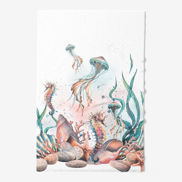 Полотенце «Коралловый риф с ракушками, морским коньком и медузой. Акварель.»