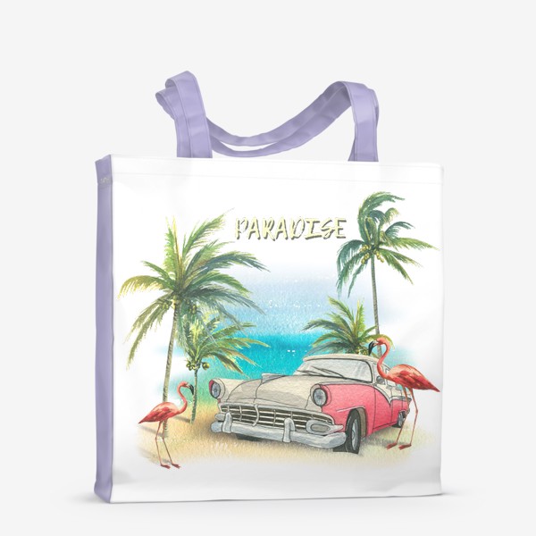 Сумка-шоппер «Ретро машина, розовые фламинго, пляж, пальмы. Тропический акварель.»