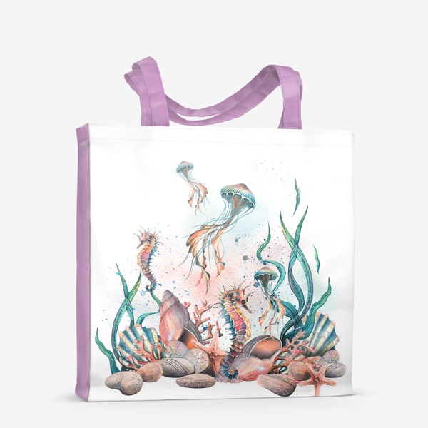 Сумка-шоппер «Коралловый риф с ракушками, морским коньком и медузой. Акварель.»