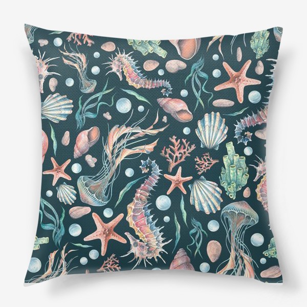 Подушка &laquo;Морской конек, медузы, ракушки, кораллы, звезды. Акварель, паттерн.&raquo;