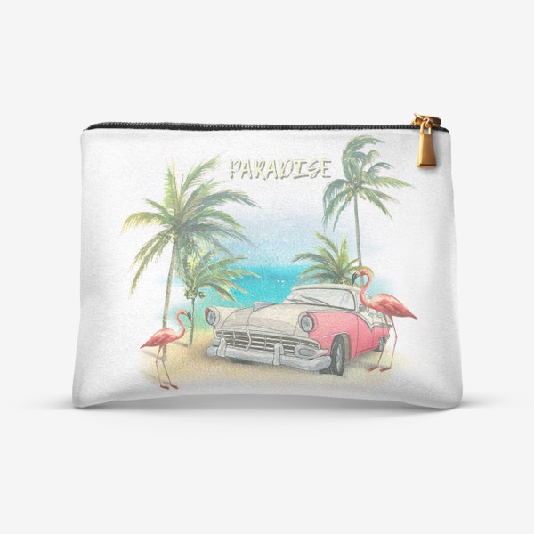 Косметичка «Ретро машина, розовые фламинго, пляж, пальмы. Тропический акварель.»