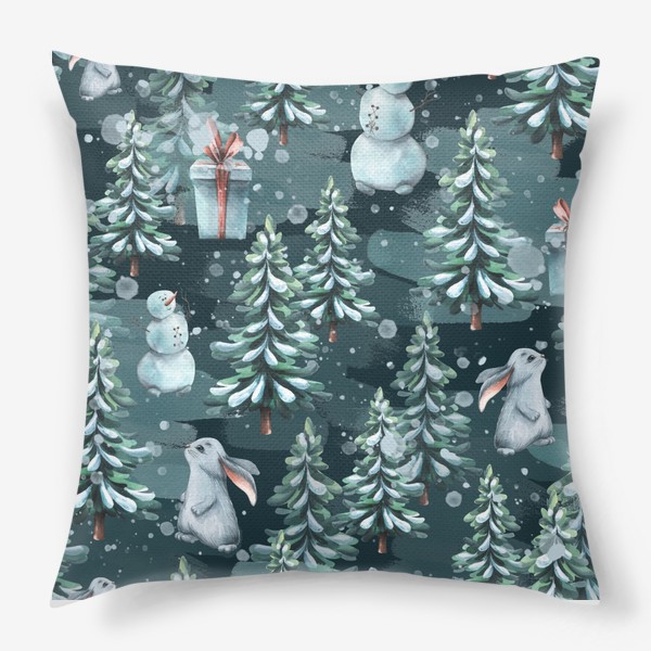 Подушка &laquo;Зимний лес с зайчиками, снеговиками и подарками. Акварель. Паттерн.&raquo;