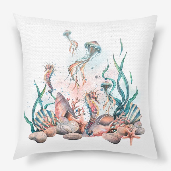 Подушка «Коралловый риф с ракушками, морским коньком и медузой. Акварель.»