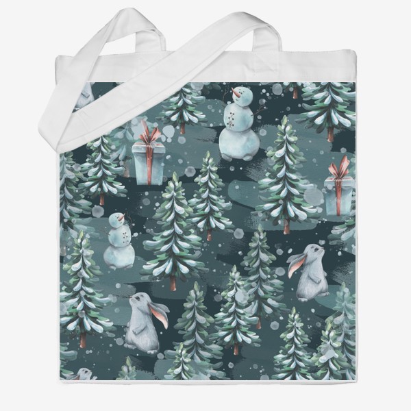 Сумка хб &laquo;Зимний лес с зайчиками, снеговиками и подарками. Акварель. Паттерн.&raquo;