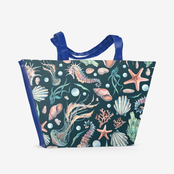 Пляжная сумка «Морской конек, медузы, ракушки, кораллы, звезды. Акварель, паттерн.»