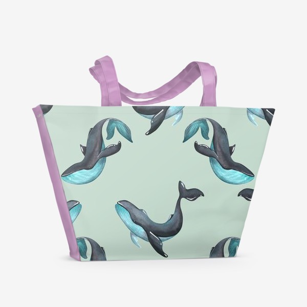 Пляжная сумка &laquo;Черно-бирюзовые киты. Акварель, паттерн.&raquo;
