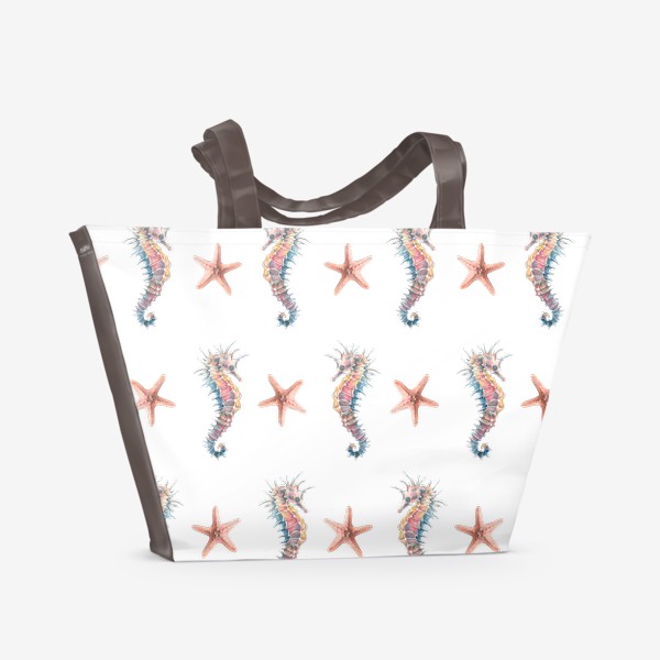 Пляжная сумка «Морской конек и морские звезды на белом. Акварель, паттерн.»