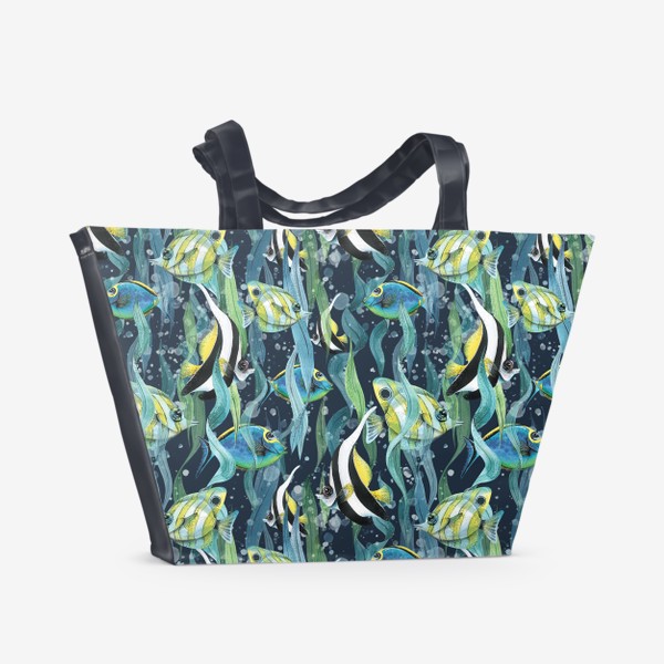 Пляжная сумка «Тропические рыбки, водоросли. Паттерн, акварель.»