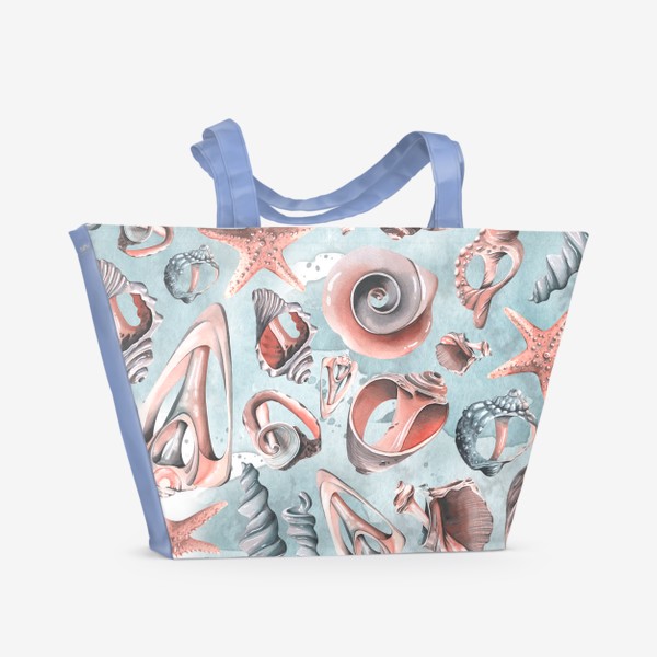 Пляжная сумка «Ракушки морские на голубом фоне воды. Акварель, паттерн.»