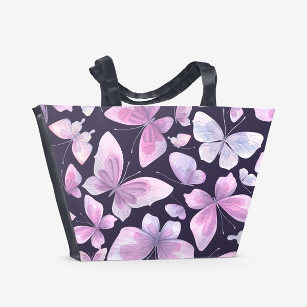 Пляжная сумка «Сиреневые и розовые бабочки. Акварель паттерн.»