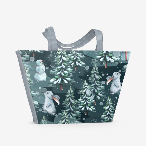 Пляжная сумка &laquo;Зимний лес с зайчиками, снеговиками и подарками. Акварель. Паттерн.&raquo;