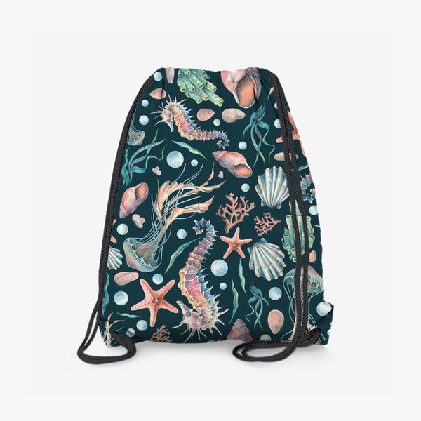 Рюкзак «Морской конек, медузы, ракушки, кораллы, звезды. Акварель, паттерн.»