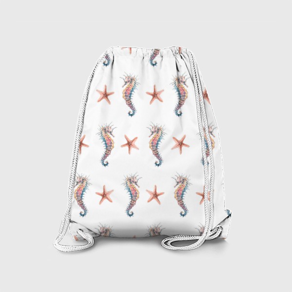 Рюкзак «Морской конек и морские звезды на белом. Акварель, паттерн.»