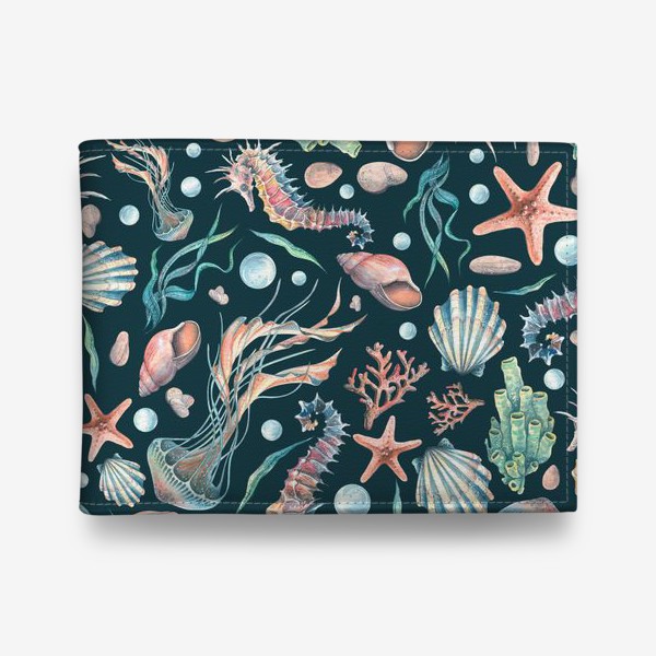 Кошелек «Морской конек, медузы, ракушки, кораллы, звезды. Акварель, паттерн.»