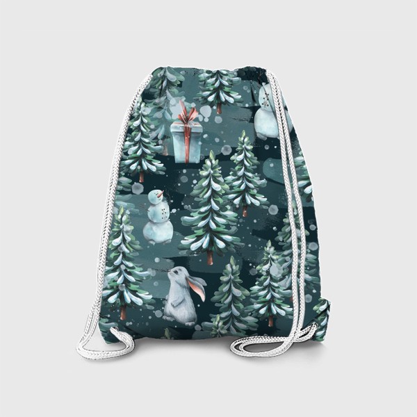 Рюкзак «Зимний лес с зайчиками, снеговиками и подарками. Акварель. Паттерн.»
