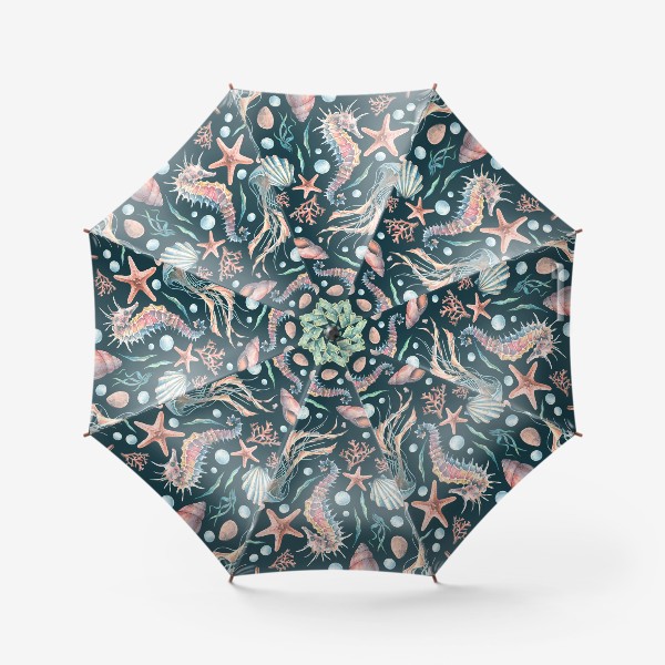 Зонт «Морской конек, медузы, ракушки, кораллы, звезды. Акварель, паттерн.»