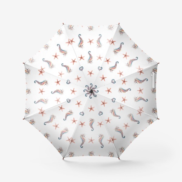 Зонт «Морской конек и морские звезды на белом. Акварель, паттерн.»