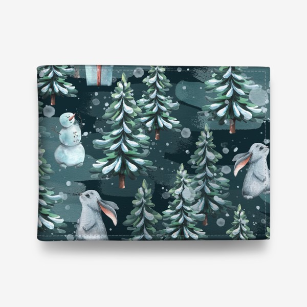 Кошелек «Зимний лес с зайчиками, снеговиками и подарками. Акварель. Паттерн.»