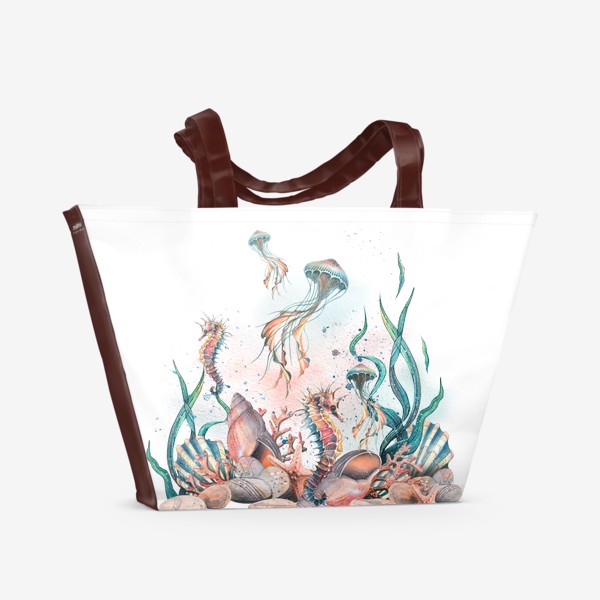 Пляжная сумка «Коралловый риф с ракушками, морским коньком и медузой. Акварель.»