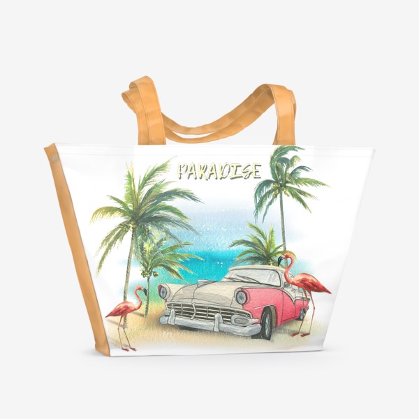 Пляжная сумка &laquo;Ретро машина, розовые фламинго, пляж, пальмы. Тропический акварель.&raquo;